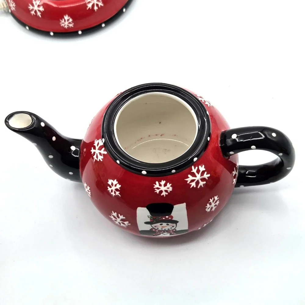 VINTAGE 2004 Red & Black Ceramic Snowman Teapot with Warmer
